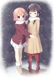  2girls :d ^_^ arms_behind_back bag bangs beige_boots black_footwear blunt_bangs blush boots breasts brown_hair carrying_bag chocolate_hair closed_eyes closed_mouth commentary_request eyebrows_visible_through_hair full_body fur-trimmed_boots fur_trim gochuumon_wa_usagi_desu_ka? grey_background highres hoto_cocoa jacket long_hair long_sleeves looking_at_viewer multiple_girls open_mouth orange_hair pantyhose pleated_skirt pointing red_jacket red_legwear scarf sedona shadow shared_scarf shopping_bag skirt small_breasts smile snow standing trench_coat ujimatsu_chiya white_scarf white_skirt 