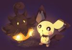  :d :o commentary_request fangs halloween hideko_(l33l3b) light_particles looking_at_another no_humans open_mouth pichu pokemon pokemon_(creature) pumpkaboo purple_background smile sparkling_eyes standing yellow_eyes 