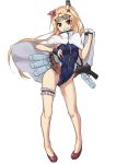  1girl aegis_(nerocc) arm_up armpits asymmetrical_bangs azur_lane bangs bare_legs black-framed_eyewear blonde_hair blue_swimsuit blush bottle breasts cape character_request cleveland_(azur_lane) commentary_request competition_swimsuit contrapposto frills full_body gloves gluteal_fold grin gun hair_ornament half_gloves head_tilt highleg highleg_swimsuit highres holding leaf_hair_ornament leg_garter legs legs_apart long_hair looking_at_viewer medium_breasts no_socks one-piece_swimsuit one_side_up open_mouth pigeon-toed red_eyes red_shoes shoes simple_background smile solo sunglasses sunglasses_on_head swimsuit teeth water_bottle weapon white_background white_cape 