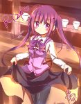  1girl bangs black_legwear blush bow bowtie breasts character_name closed_mouth collared_shirt counter cowboy_shot cup flying_sweatdrops gochuumon_wa_usagi_desu_ka? heart hinata_yuu_(atelierhinata) indoors lifted_by_self long_hair long_sleeves pantyhose purple_bow purple_bowtie purple_hair purple_vest rabbit_house_uniform saucer shelf shirt sidelocks signature sketch skirt skirt_lift small_breasts solo standing tedeza_rize twintails vest violet_eyes white_shirt wing_collar 