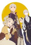  2boys 2girls amatari_sukuzakki blonde_hair butler female_my_unit_(fire_emblem_if) fire_emblem fire_emblem:_kakusei fire_emblem_heroes fire_emblem_if gloves grey_hair hairband hood joker_(fire_emblem_if) liz_(fire_emblem) long_hair looking_at_viewer low_ponytail male_my_unit_(fire_emblem:_kakusei) multiple_boys multiple_girls my_unit_(fire_emblem:_kakusei) my_unit_(fire_emblem_if) ponytail smile violet_eyes white_hair 