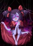  1girl :d bare_arms blush bow bowtie bright_pupils commentary_request dress extra_arms extra_eyes fangs gradient gradient_background hair_ribbon hands_clasped heart highres looking_at_viewer muffet open_mouth own_hands_together pink_eyes puffy_short_sleeves puffy_sleeves purple_hair purple_skin red_bow red_bowtie red_dress red_ribbon ribbon shaded_face short_sleeves silk skirt_hold smile solo spider spider_web two_side_up undertale v_arms z.o.b 