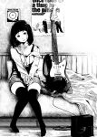  1girl amplifier artist_request bed blanket cable commentary_request guitar highres hood hoodie instrument medium_hair monochrome original poster_(object) short_eyebrows shorts solo tagme the_pillows thigh-highs 