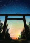  amatsuki_rei blue_sky clouds cloudy_sky commentary_request crescent_moon forest gradient_sky highres moon nature no_humans original outdoors scenery signature sky star_(sky) starry_sky sunset torii tree twilight 