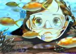  1girl brown_eyes brown_hair bubble close-up commentary diving_mask face fish highres looking_at_viewer ocean original reflection sako_(user_ndpz5754) solo swimming underwater 