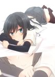  1girl arm_warmers asashio_(kantai_collection) bangs black_hair black_legwear black_skirt blue_eyes blush closed_mouth eyebrows_visible_through_hair highres kantai_collection lips long_hair looking_at_viewer lying multiple_views nagami_yuu on_stomach open_clothes open_shirt pleated_skirt pursed_lips shirt short_sleeves sidelocks skirt smile suspender_skirt suspenders swept_bangs thigh-highs unbuttoned unbuttoned_shirt white_shirt 