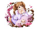  1girl bodskih breasts brown_eyes candy chair charlotte_pudding chocolate cleavage cup food fruit heart lemon long_hair official_art one_piece sitting solo teacup transparent_background twintails 