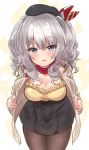  1girl alternate_costume blue_eyes blush breasts cleavage eyebrows_visible_through_hair hat highres kantai_collection kashima_(kantai_collection) leaning_forward long_hair looking_at_viewer medium_breasts open_mouth silver_hair smile solo suzuki_toto tagme twintails 