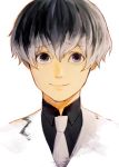  1boy black_shirt closed_mouth collared_shirt commentary_request eyebrows_visible_through_hair grey_eyes grey_hair hair_between_eyes highres jacket looking_at_viewer male_focus necktie sako_(user_ndpz5754) sasaki_haise shirt simple_background smile solo tokyo_ghoul white_background white_jacket white_necktie 