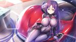 1girl bangs bodystocking bodysuit breasts car fate/grand_order fate_(series) ground_vehicle highres large_breasts long_hair looking_at_viewer mclaren minamoto_no_raikou_(fate/grand_order) motor_vehicle navel purple_hair shiny shiny_clothes smile solo very_long_hair violet_eyes zha_yu_bu_dong_hua 