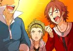  3boys ahoge amagase_touma angry blue_shirt blush brown_hair clenched_hand green_eyes green_hair hairband head_out_of_frame idolmaster idolmaster_side-m jewelry male_focus mitarai_shouta multiple_boys necklace no_pupils open_mouth popped_collar saitou_takashi_(idolmaster) shirt shouting sleeves_rolled_up striped striped_shirt sweat 