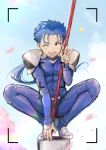  1boy blue_hair fangs fate/stay_night fate_(series) gae_bolg lancer long_hair one_eye_closed open_mouth polearm red_eyes smile solo spear v viewfinder weapon yami_no_naka 