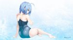  1girl ahoge ass bangs bare_legs barefoot blue blue_eyes blue_hair closed_mouth dlsite.com elle_sweet eyebrows_visible_through_hair feet from_behind full_body hair_between_eyes hand_up highres one-piece_swimsuit paseri plantar_flexion profile school_swimsuit short_hair sidelocks sitting soles solo swimsuit thighs toes wallpaper watermark web_address wet 