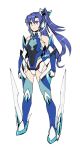  10s 1girl armor armpit_peek bare_shoulders blue_eyes blue_hair bodysuit boots breasts clenched_hand elbow_gloves full_body gloves headgear kazanari_tsubasa long_hair murakami_hisashi senki_zesshou_symphogear serious small_breasts standing thigh-highs thigh_boots 