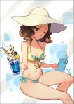  10s 1girl bikini brown_eyes brown_hair hat looking_at_viewer navel okumura_haru one_eye_closed persona persona_5 seinen short_hair smile solo swimsuit water 