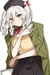  1girl alternate_costume asakawa_(outeq) bag beret black_skirt blue_eyes blush breasts closed_mouth clothes_grab collarbone commentary_request cowboy_shot grey_eyes hair_between_eyes hat holding_bag jacket_on_shoulders kantai_collection kashima_(kantai_collection) large_breasts long_hair neckerchief red_neckerchief shopping_bag sidelocks silver_hair simple_background skirt smile solo tsurime twintails wavy_hair white_background 