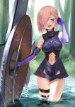 1girl adjusting_hair arm_up armor armored_dress breasts commentary_request day elbow_gloves fate/grand_order fate_(series) gloves hair_over_one_eye highres holding_shield legs_together medium_breasts navel open_mouth outdoors pink_hair purple_gloves saruchitan shield shielder_(fate/grand_order) short_hair smile solo sunlight tree violet_eyes wading water 