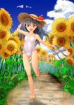  1girl :d arm_up bag black_hair blush bottle child clouds collarbone covered_navel day flat_chest flower full_body gluteal_fold groin hand_behind_head hat holding_bag leg_up long_hair one-piece_swimsuit open_mouth original outdoors path red_eyes road running sandals school_swimsuit sky smile solo sun_hat sunflower swimsuit tewo white_swimsuit 