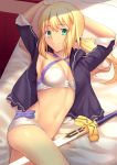  1girl ahoge arm_behind_head armpits arms_up artoria_pendragon_(all) artoria_pendragon_(swimsuit_archer) bangs bed bed_sheet besmiled between_legs bikini black_jacket blonde_hair blue_bow bow breasts cleavage closed_mouth commentary_request cowboy_shot criss-cross_halter eyebrows_visible_through_hair fate/grand_order fate_(series) green_eyes halterneck highres indoors jacket long_hair looking_at_viewer low_ponytail medium_breasts navel on_bed open_clothes open_jacket pillow revision saber smile solo stomach sunlight swimsuit sword thighs unsheathed unzipped weapon white_bikini 