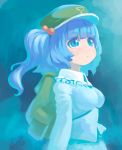 1girl :o backpack bag bangs blouse blue blue_background blue_blouse blue_eyes blue_hair blunt_bangs blush eyebrows_visible_through_hair from_side green_hat hair_bobbles hair_ornament hat highres kawashiro_nitori long_hair long_sleeves looking_away looking_up no_nose parted_lips reiesu_(reis) signature solo standing touhou two_side_up upper_body 