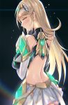  1girl ass back bangs bare_shoulders black_background blush breasts dress earrings elbow_gloves gem gloves gradient gradient_background highres mythra_(xenoblade) hinot jewelry large_breasts long_hair looking_at_viewer looking_back short_dress shoulder_armor sidelocks solo swept_bangs tiara white_dress white_gloves xenoblade_(series) xenoblade_2 yellow_eyes 
