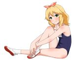  1girl bare_arms bare_legs bare_shoulders blonde_hair blue_swimsuit blush closed_mouth eyebrows_visible_through_hair from_side full_body green_eyes hair_ribbon hairband hands_on_own_feet idolmaster idolmaster_cinderella_girls knee_up kneehighs legs_crossed looking_at_viewer looking_to_the_side name_tag one-piece_swimsuit pink_ribbon ribbon sakurai_momoka school_swimsuit shoes short_hair simple_background sitting smile solo stretch swimsuit udan uwabaki white_background white_legwear white_shoes 