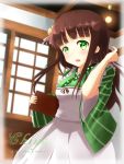  1girl absurdres ama_usa_an_uniform apron bangs blunt_bangs blush breasts brown_hair character_name chocolate_hair commentary_request copyright_name cowboy_shot eyebrows_visible_through_hair flower gochuumon_wa_usagi_desu_ka? green_eyes green_kimono hair_flower hair_ornament highres holding_menu indoors japanese_clothes kimono long_hair long_sleeves looking_at_viewer maid_apron medium_breasts open_mouth pink_ribbon polka_dot_trim ribbon smile solo standing striped striped_kimono ujimatsu_chiya white_apron wide_sleeves yellow_flower zl_(noire004) 