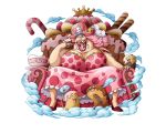  1girl bodskih breasts cake charlotte_linlin cleavage crown dress eating fat food fruit hat high_heels jewelry lipstick long_hair makeup official_art one_piece open_mouth pink_hair pirate_hat ring sitting solo strawberry teeth transparent_background 