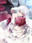  1girl alternate_costume bare_shoulders bat_wings blue_hair bouquet bridal_veil closed_mouth dress elbow_gloves flower gloves hair_between_eyes head_tilt layered_dress looking_at_viewer red_carpet red_eyes red_rose remilia_scarlet rose short_hair smile solo stairs touhou veil wedding_dress white_dress white_gloves wings yuki_(popopo) 
