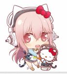  2girls animal animal_ears blush bow breasts cat cat_ears chibi cosplay headphones hello_kitty hello_kitty_(character) highres long_hair looking_at_viewer multiple_girls nitroplus no_mouth open_mouth pink_eyes pink_hair red_eyes smile super_sonico super_sonico_(cosplay) yuupon 