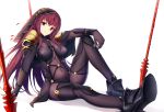  1girl armor bodysuit breasts covered_navel drogoth fate/grand_order fate_(series) full_body gae_bolg highres large_breasts long_hair looking_at_viewer pauldrons polearm purple_bodysuit purple_hair red_eyes scathach_(fate/grand_order) shoulder_armor simple_background sitting solo spear veil weapon white_background 