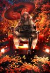  1boy abandon_ranka autumn_leaves bridge gloves highres hood japanese_clothes leaf legs_crossed male_focus open_mouth oriental_umbrella partly_fingerless_gloves pom_pom_(clothes) sitting smile touken_ranbu tree tsurumaru_kuninaga umbrella white_hair yellow_eyes 