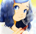  1girl :t blue_eyes blue_hair blush chopsticks close-up commentary_request eating face food hair_ornament hairclip highres holding_chopsticks long_hair looking_at_viewer nail_polish noodles pink_nails sako_(user_ndpz5754) shirt smile solo steam white_shirt 