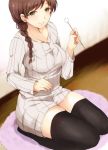  1girl bangs black_legwear blush braid brown_eyes brown_hair collarbone cotton_swab hips idolmaster idolmaster_cinderella_girls indoors long_hair looking_at_viewer mimikaki nail_polish nitta_minami pink_nails ribbed_sweater ryuu. seiza sitting smile solo sweater swept_bangs thighs white_sweater 