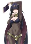  1girl arm_up bangs black_hair bodysuit bracelet breasts bridal_gauntlets cape cleavage covered_navel fire_emblem fire_emblem:_kakusei highres j@ck jewelry long_hair medium_breasts parted_lips smile solo tharja tiara two_side_up violet_eyes 