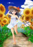  1girl :d arm_up bag black_hair blush bottle child clouds collarbone commentary_request day dress flat_chest flower full_body hand_behind_head hat holding_bag leg_up long_hair open_mouth original outdoors path red_eyes road running sandals sky sleeveless sleeveless_dress smile solo spaghetti_strap sun_hat sundress sunflower tewo white_dress 