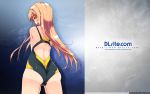  1girl artist_name ass bangs black_swimsuit blonde_hair brown_eyes brown_hair competition_swimsuit cowboy_shot dille_blood dlsite.com floating_hair from_behind hairband highres legs_apart long_hair looking_back one-piece_swimsuit refeia solo swimsuit thighs watermark web_address yellow_swimsuit 