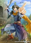  1boy bird boots brown_eyes brown_hair butterfly company_name fire_emblem fire_emblem:_thracia_776 fire_emblem_cipher grass long_hair low_ponytail male_focus official_art open_mouth scarf shanam_(fire_emblem) sky solo sword teeth tree weapon 