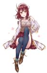  1girl :d arm_at_side atelier_(series) atelier_lydie_&amp;_suelle atelier_sophie backpack bag black_legwear blush boots breasts brown_eyes brown_footwear brown_hair collarbone commentary_request corset detached_collar eyebrows_visible_through_hair full_body head_tilt highres long_sleeves looking_at_viewer medium_breasts open_mouth red_skirt simple_background sitting skirt smile solo sophie_neuenmuller thigh-highs white_background wide_sleeves 