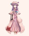  1girl book capelet dress expressionless frilled_dress frills hair_ribbon hat hat_ribbon holding holding_book long_hair mob_cap patchouli_knowledge purple_hair ribbon rion_(glayjirobass) simple_background striped striped_dress the_embodiment_of_scarlet_devil tied_hair touhou violet_eyes 