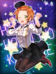  1girl black_legwear black_skirt earrings frilled_shirt frills green_eyes hat hello_hoshi_wo_kazoete high_heels highres hoop_earrings hoshizora_rin jewelry jumping looking_at_viewer love_live! love_live!_school_idol_project mini_hat mini_top_hat one_eye_closed open_mouth orange_hair pantyhose paw_pose popompon red_shoes shirt shoes short_hair skirt solo star starry_background suspenders top_hat white_shirt 