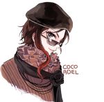  1girl bead_necklace beads beret black_eyes brown_hair character_name coco_adel ecru english hat jewelry necklace rwby smile sunglasses 