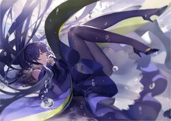  1girl black_legwear blue_hair blue_skirt bubble closed_eyes floating_hair high_heels highres long_hair miyazaki_byou pantyhose parted_lips shinano_(zhan_jian_shao_nyu) skirt solo underwater very_long_hair zhan_jian_shao_nyu 