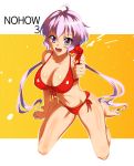  10s 1girl :d absurdres ahoge barefoot bikini blush breasts ckg_(screwstyle) cleavage cover cover_page doujin_cover erect_nipples full_body hair_between_eyes highres large_breasts long_hair looking_at_viewer open_mouth purple_hair red_bikini senki_zesshou_symphogear side-tie_bikini sitting smile solo swimsuit twintails violet_eyes wariza water_gun yukine_chris 