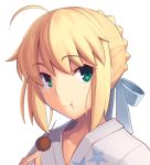  1girl :t ahoge artoria_pendragon_(all) bangs blonde_hair boa_(brianoa) braid close-up closed_mouth eating eyebrows_visible_through_hair face fate/stay_night fate_(series) food food_request green_eyes hair_bun highres holding holding_food japanese_clothes kimono looking_at_viewer ribbon saber solo transparent_background white_kimono white_ribbon yukata 