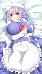  1girl apple apron bangs bed_sheet blue_eyes blue_skirt blush breasts capelet food fruit hair_between_eyes hat highres holding holding_fruit huge_breasts lavender_hair letty_whiterock long_sleeves looking_at_viewer lying shiro_oolong-cha skirt skirt_set solo touhou white_hat 