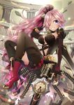  1girl :d absurdres ammunition asymmetrical_clothes boots bow breasts chains cinderella_(sinoalice) clock column commentary_request dual_wielding firearm gun high_heel_boots high_heels highres large_breasts nomu_ra_nomu open_mouth pillar pink_hair side_ponytail sinoalice smile solo tagme violet_eyes weapon 