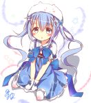  1girl adapted_costume animal_hat bangs between_legs blue_bow blue_dress blue_eyes blue_neckwear blush bow bowtie brooch bunny_hat character_hat chestnut_mouth collared_shirt dress eyebrows_visible_through_hair flat_chest frilled_dress frills from_above full_body gloves gochuumon_wa_usagi_desu_ka? hair_between_eyes hair_ornament hand_between_legs hat hinata_yuu_(atelierhinata) jewelry kafuu_chino light_blue_hair long_hair looking_at_viewer magical_girl open_mouth pantyhose shirt short_sleeves sidelocks signature sitting sketch solo star tippy_(gochiusa) twintails very_long_hair wariza white_background white_gloves white_hat white_legwear white_shirt wing_collar x_hair_ornament 