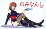  1girl boots bottle fishnets gundam gundam_unicorn high_heels hips marida_cruz orange_hair pakata-san_jr. sleeves_past_elbows thigh-highs translation_request violet_eyes water_bottle 