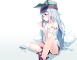  1girl bangs black_shorts blush brown_eyes closed_mouth darnell eyebrows_visible_through_hair flat_cap food g11_(girls_frontline) girls_frontline gradient hair_between_eyes hat high_tops holding long_hair pocky purple_shoes shadow shoes shorts silver_hair sitting sneakers solo strap_slip tank_top tareme very_long_hair white_hair 